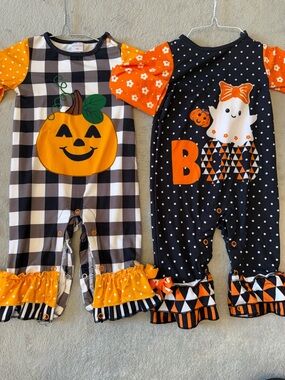 Twin Halloween Pumpkin & Boo Baby Rompers - Orange, Black, White
